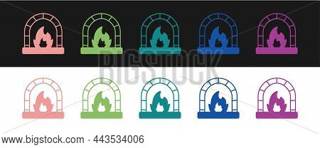 Set Blacksmith Oven Icon Isolated On Black And White Background. Vector