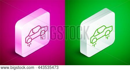 Isometric Line Fantastic Flying Car Icon Isolated On Pink And Green Background. Hover Car Future Tec