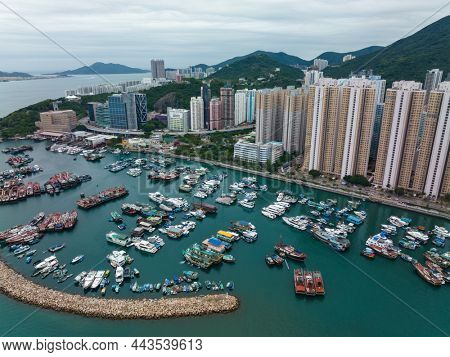 Shau Kei Wan, Hong Kong 22 November 2021: Top view of Hong Kong seaside city