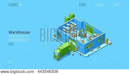 Warehouse Banner With Storage Building, Truck, Forklift And Cardboard Boxes. Vector Landing Page Of 
