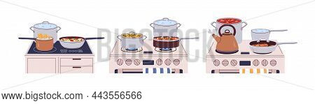 Cook Pans And Pots On Gas, Electric Stoves Set. Cooking Food, Boiling Water, Stewing And Frying Dish