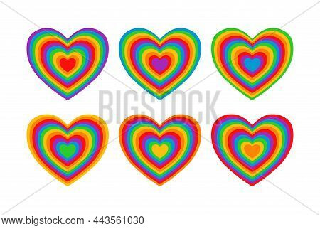 Six Throbbing Rainbow Hearts. Decorative Elements Set. Vector Illustration Isolated On White.