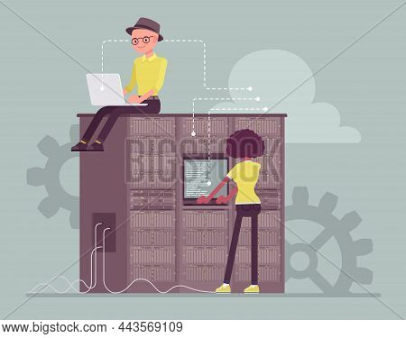 Data Center Server Cloud Support Crew, System Administrators Working. Technical Team Installing, Con