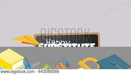 Image of happy substitude day text over school items and blackboard. education, school, 2nd of january substitute day and bank holiday concept digitally generated image.