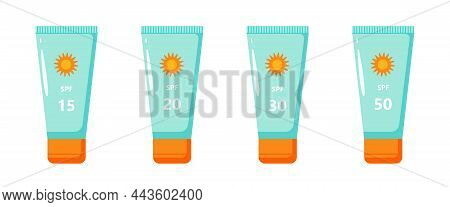 Body Sunscreen In Tube. Set Spf 15, 20, 30, 50 Cosmetics For Tanning.