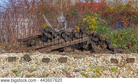 Big Pile Of Old Railroad Tracks Wooden Ties Defunct Railway