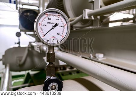 Background, Blur, Out Of Focus, Bokeh. Compressor Pressure Gauge For Pressure Measurement.