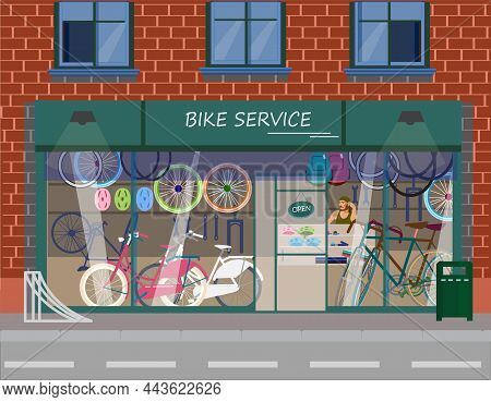 Vector illustration of bike service in a brique building. Bike components and accessories: tires, wh