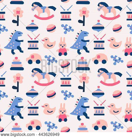 Toy Seamless Pattern. Paper Cut Design With Horse, Dinosaur, Car, Flower, Duck, Rabbit, Puzzle, Ball