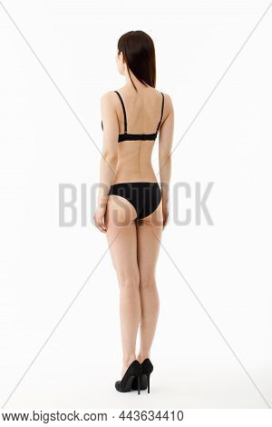 Model Tests. Snap Models Back View, Beautiful Brunette Woman In Underwear, Isolated On White.