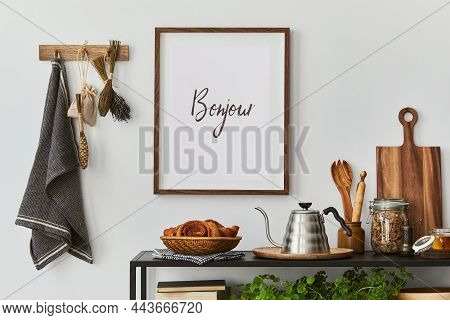 Stylish And Cozy Kitchen Interior Composition With Mock Up Poster Frame,black Console, Kitchen Texti