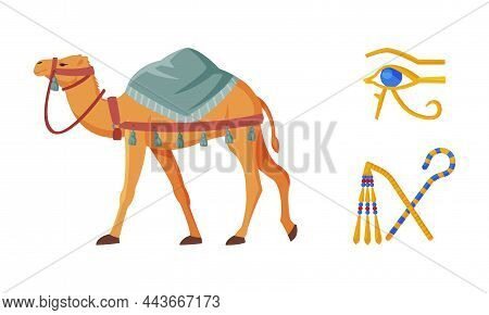 Crossed Sceptre And Whip, Camel And Eye Of Horus As Ancient Egyptian Symbol Of Power Vector Set