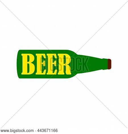 Beer Bottle Lying On It's Side. Green Bottle With The Inscription Beer. Horizontal Position. Colored