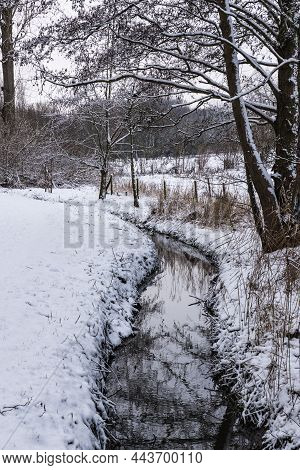 Creek In Snowy Winter Landscape, Brussels, Belgium