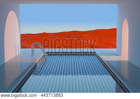 Minimalistic Empty White Room With A Water Swimming Pool And An Abstract Surreal Red Desert Environm