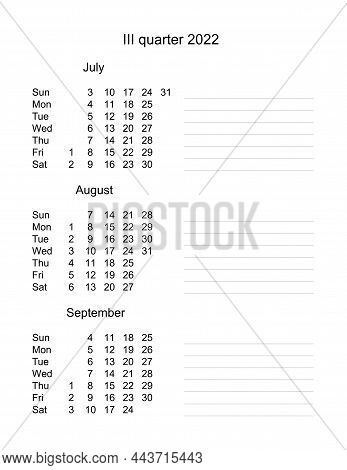 Calendar For Third Quarter 2022. Three Months Of 3 Quarter 2022. Quarterly Calendar English. Monthly