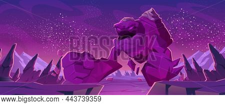 Big Stone Golem Character On Alien Planet Surface. Vector Cartoon Illustration Of Fantasy Angry Gian