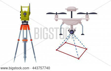 Geology Instrument And Tool With Tacheometer On Tripod And Copter Vector Set