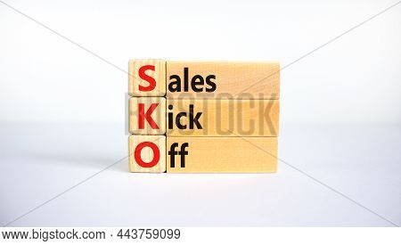 Sko Sails Kick Off Symbol. Concept Words Sko Sails Kick Off On Wooden Blocks. Beautiful White Backgr