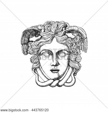 Medusa, Illustration In Vector. Gorgo Head Drawing