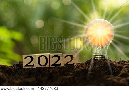 The New Year 2022 And Bright Light Bulb On The Mound. Concept Of A Startup That Drives The Economy, 