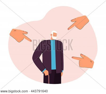 Hands Pointing With Finger At Unhappy Outcast Elderly Man. Violence, Blame And Hate To Old People Fl