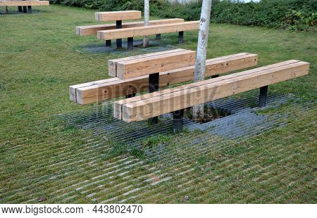 Massive Bench In The Park Under A Tree In The Park Urban Style Beam Shape On Metal Legs In The Squar