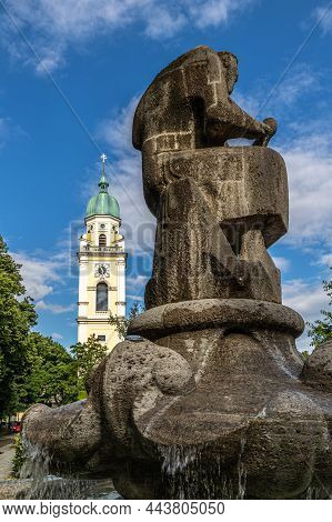 Fountain In Front Of St. Joseph, A Roman Catholic Church Located In Maxvorstadt, Munich, Bavaria, Ge