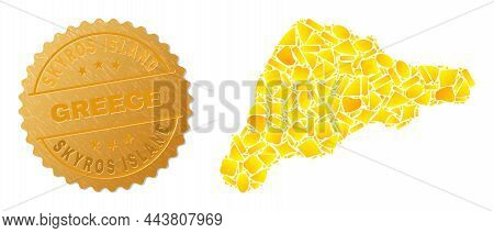 Golden Collage Of Yellow Parts For Easter Island Map, And Golden Metallic Skyros Island Greece Seal 
