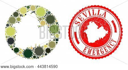 Vector Mosaic Sevilla Province Map Of Covid-2019 Items And Grunge Emergency Badge. Mosaic Geographic