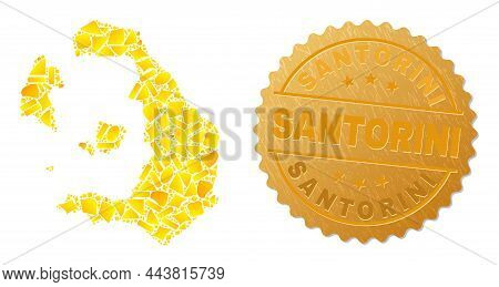 Golden Combination Of Yellow Items For Santorini Island Map, And Golden Metallic Santorini Stamp Sea