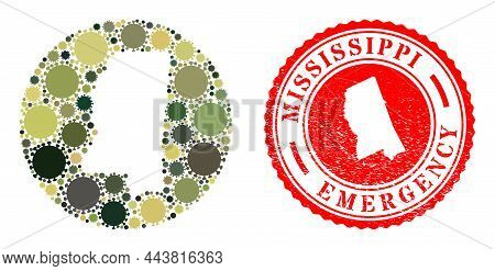 Vector Mosaic Mississippi State Map Of Virus Outbreak Items And Grunge Emergency Seal.
