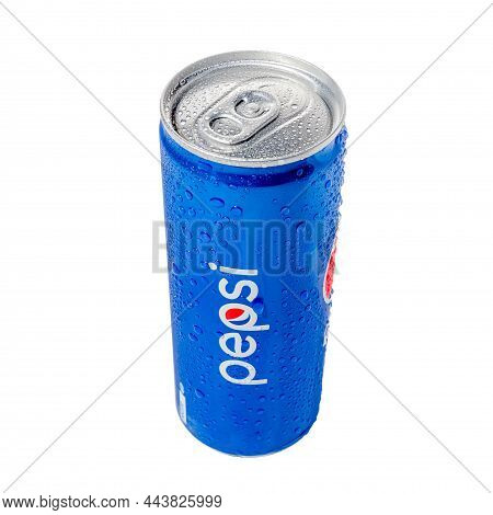 250ml Can Of Pepsi With Water Drops Isolated On White Background. Side View, Top View. Russia, Krasn