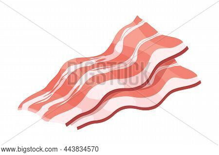 Bacon Sliced Piece In Cartoon Style Isolated On White Background. Raw Ingredient. Meat Product. Vect