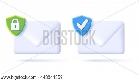 3d Icon Of Envelope With Security Protection Tag As Shiels With Padlock And Approve Tick Sign, Volum
