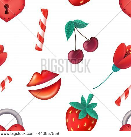 Seamless Pattern Of Lips Berries Flowers And Heart Shaped Lock On White Background For St Valentine 