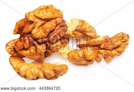 Walnut Isolated. Pile Of Walnut Kernel Nut  On White Background. Top View. Flat Lay