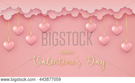 Happy Valentine's Day Background In Paper Cut Style. 3d Hearts Hanging On Chains On Pink Background 