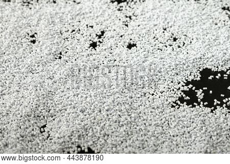 White Plastic Beads On Wood  Background, Polymers Bead Or Polymer Resin, Polymer Pallet, Product Fro