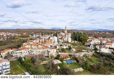 An Aerial View Of Zminj, Parish Church Of St. Mihovil Located On The Hill, Istria, Croatia