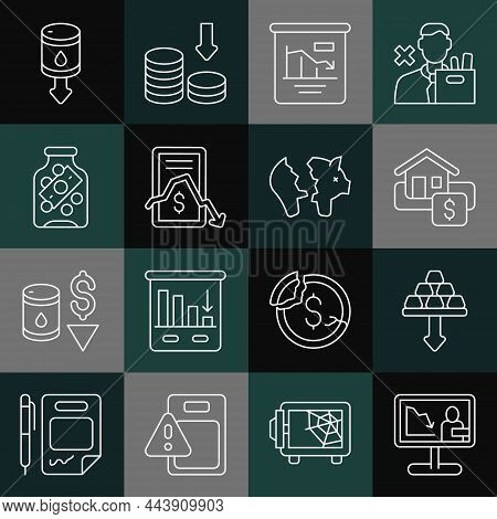 Set Line Global Economic Crisis News, Gold Bars, Hanging Sign With Sale, Pie Chart Infographic, Mobi