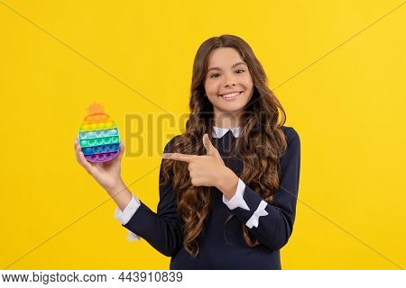Pop It Fun. Happy Child Play With Popit Fidget. Push Button Antistress Silicone Toy