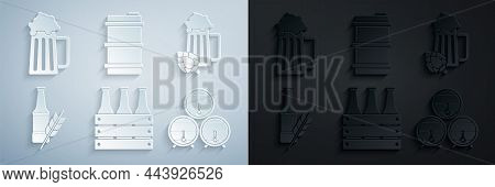 Set Pack Of Beer Bottles, Glass And Hop, Beer, Wooden Barrel On Rack With Stopcock, Metal Keg And Mu