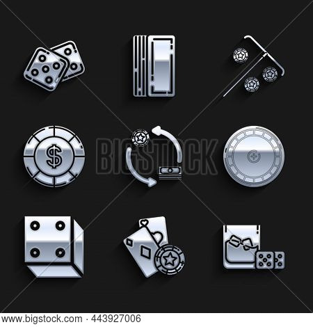 Set Casino Chips Exchange On Stacks Of Dollars, And Playing Cards, Game Dice Glass Whiskey With Ice 