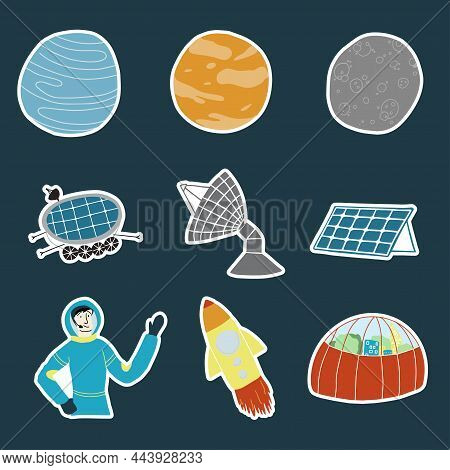 Vector Illustration Of Space Exploring Pack. Sticker Pack With Planets, Satelline, Robot, Radio Stat