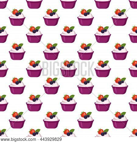 Seamless Pattern With Yogurt In Plastic Cup With Berries. Prion Of Delicious Healthy Breakfast Or Sn