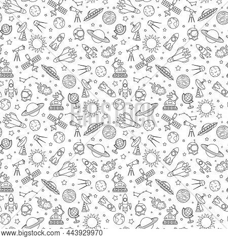 Seamless Pattern On The Theme Of Space And Space Flight, The Dark Contour Icons On White Background