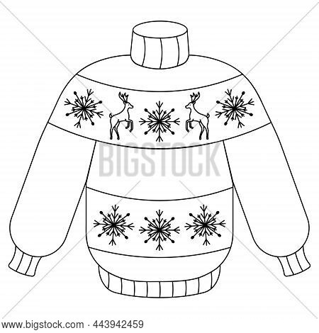 Christmas Jumper With Deer. Sketch. Pullover. Woolen Clothes Are Decorated With Snowflakes And Reind