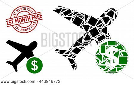 Simple Geometric Airflight Price Mosaic And 1st Month Free Scratched Stamp Seal. Red Stamp Seal Has 