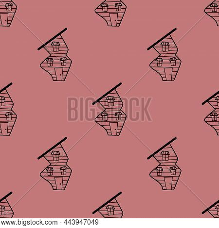 Seamless Vector Pattern Of Contour Houses In Doodle Style On Pink Background.